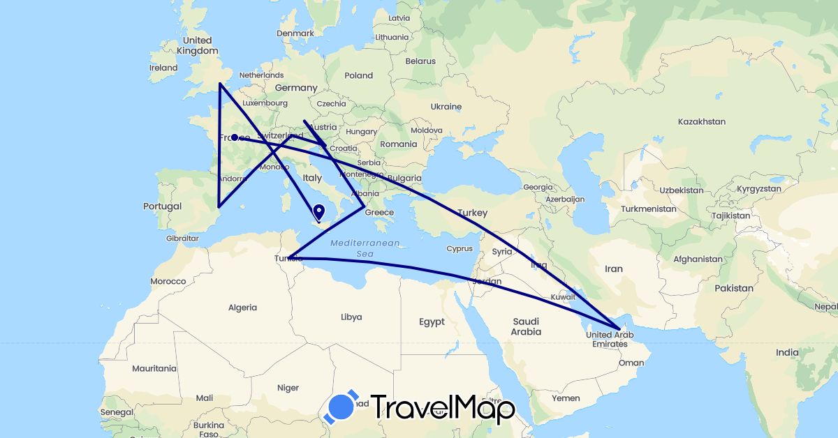 TravelMap itinerary: driving in United Arab Emirates, Switzerland, Germany, Spain, France, United Kingdom, Greece, Italy, Slovenia, Tunisia (Africa, Asia, Europe)